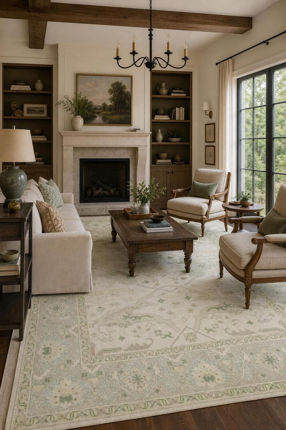 Cream and Blue Soft-Toned Oushak Hand-Knotted Wool Rug 8x10