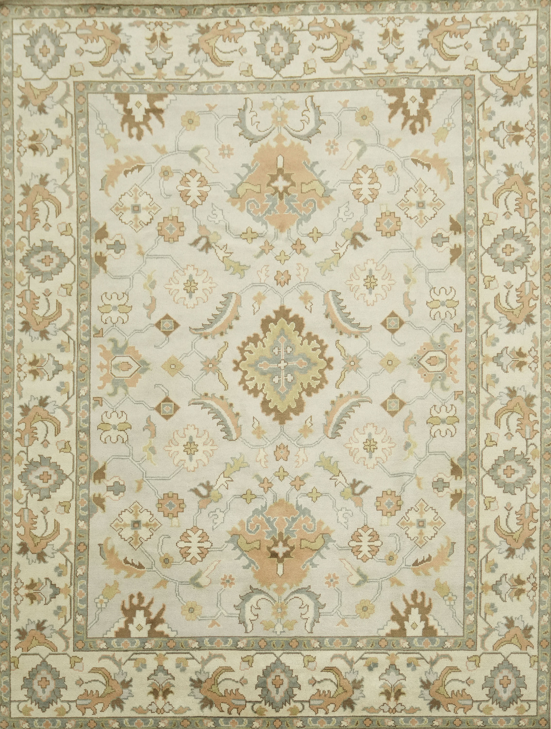 9x12 Luxurious Oushak Oriental Beige and Light Blue Rug with Classic Motifs
