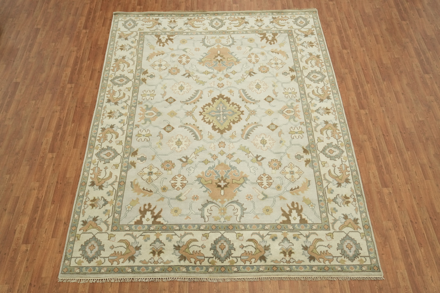 9x12 Luxurious Oushak Oriental Beige and Light Blue Rug with Classic Motifs