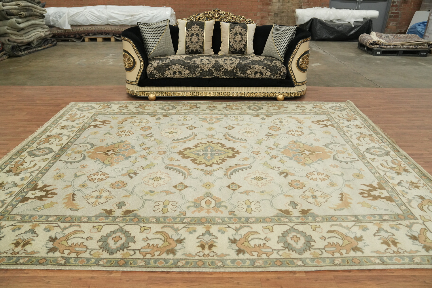 9x12 Luxurious Oushak Oriental Beige and Light Blue Rug with Classic Motifs