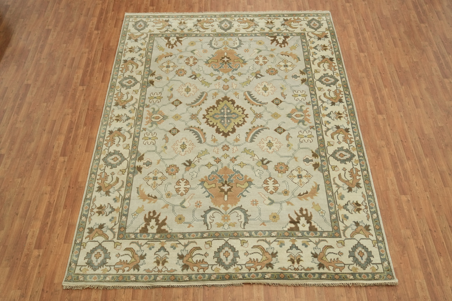 9x12 Luxurious Oushak Oriental Beige and Light Blue Rug with Classic Motifs