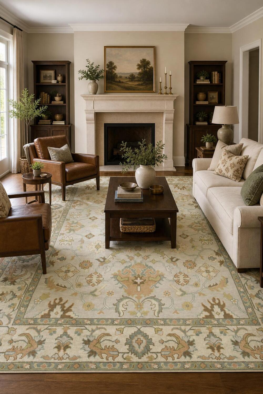 9x12 Luxurious Oushak Oriental Beige and Light Blue Rug with Classic Motifs