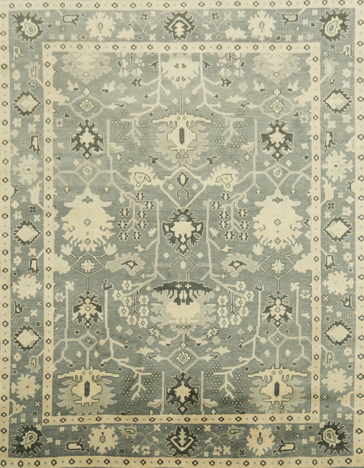 Elegant Blue and Beige Oushak Hand-Knotted Wool Living Room Rug 9'x12'
