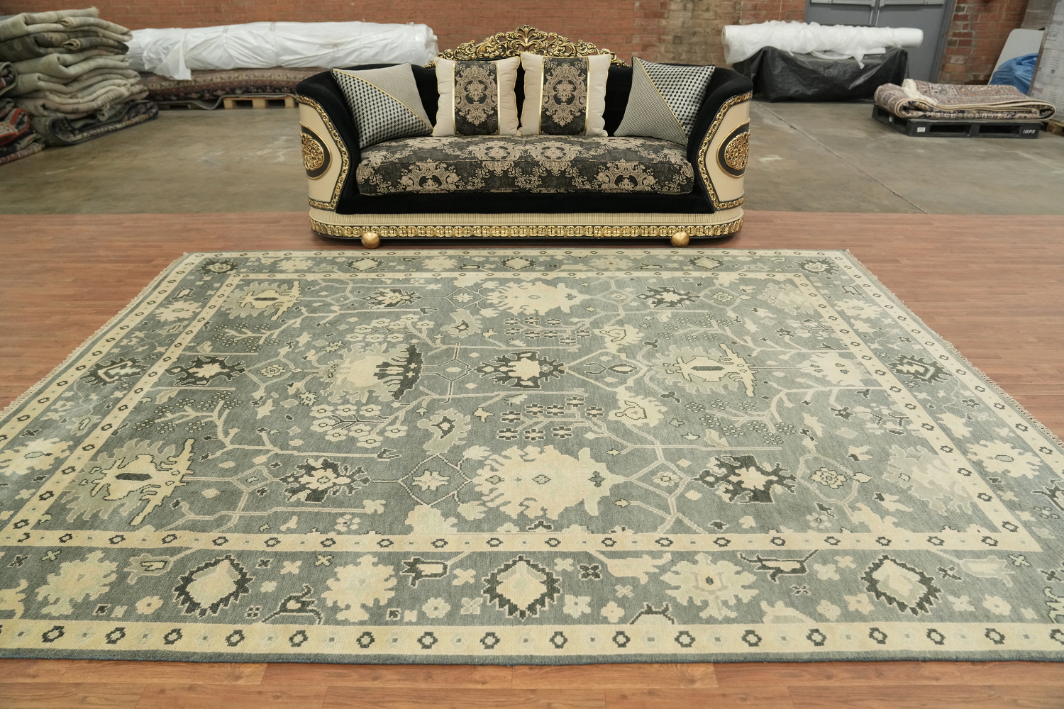 Elegant Blue and Beige Oushak Hand-Knotted Wool Living Room Rug 9'x12'