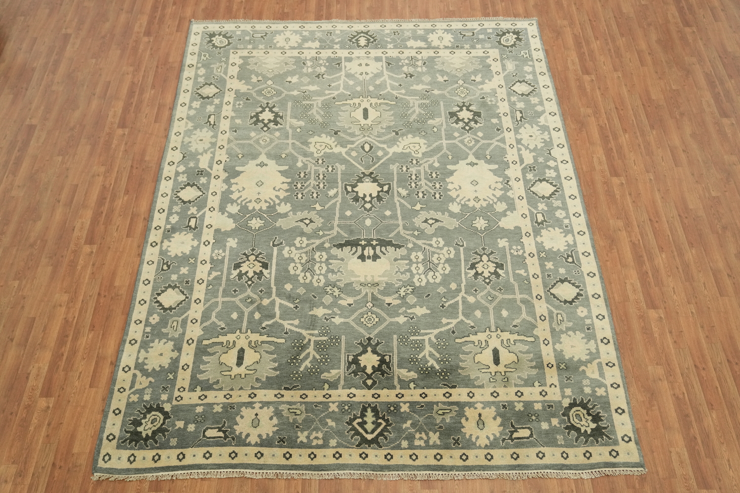 Elegant Blue and Beige Oushak Hand-Knotted Wool Living Room Rug 9'x12'