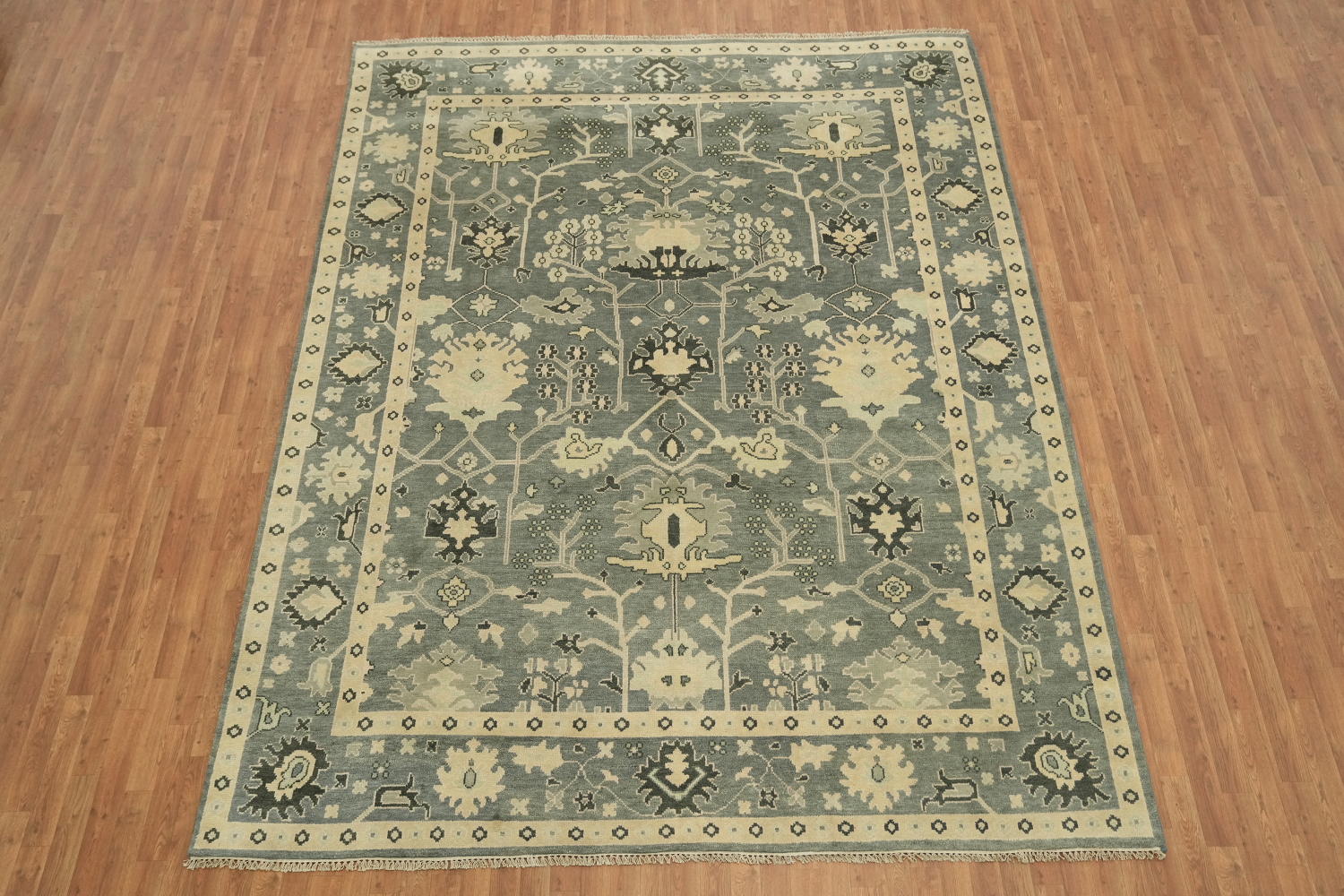 Elegant Blue and Beige Oushak Hand-Knotted Wool Living Room Rug 9'x12'