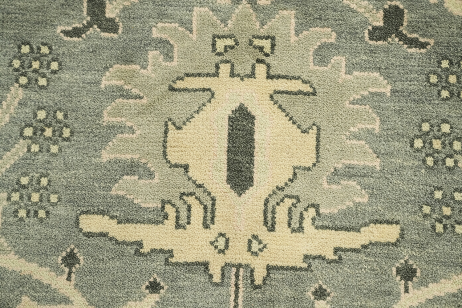 Elegant Blue and Beige Oushak Hand-Knotted Wool Living Room Rug 9'x12'