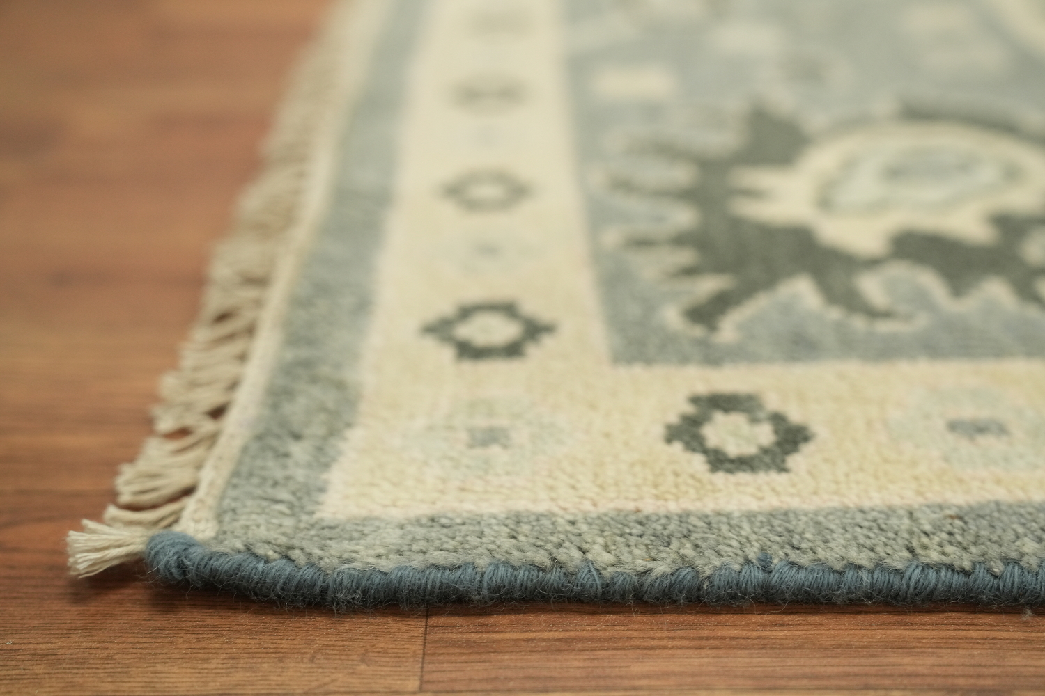 Elegant Blue and Beige Oushak Hand-Knotted Wool Living Room Rug 9'x12'