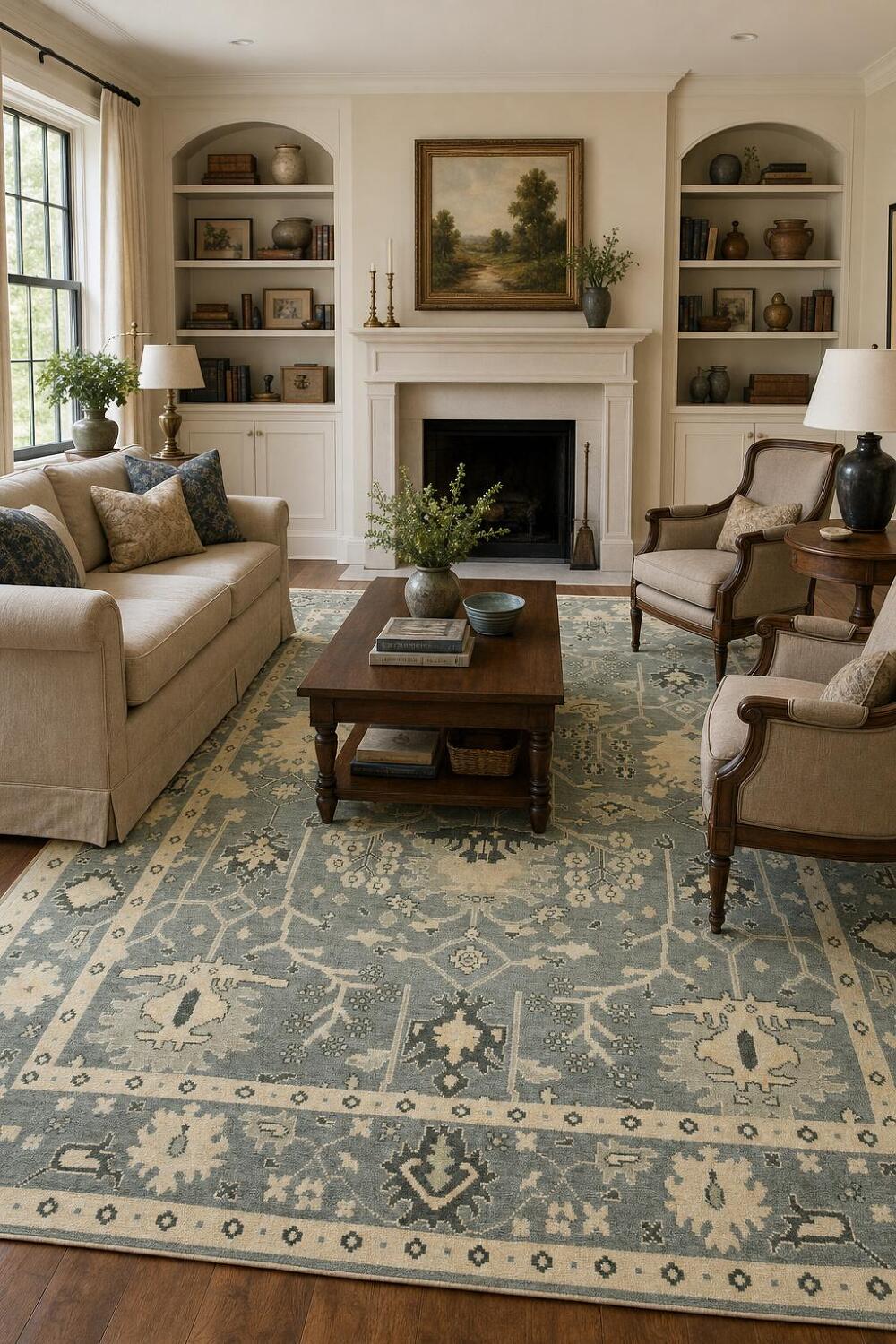 Elegant Blue and Beige Oushak Hand-Knotted Wool Living Room Rug 9'x12'