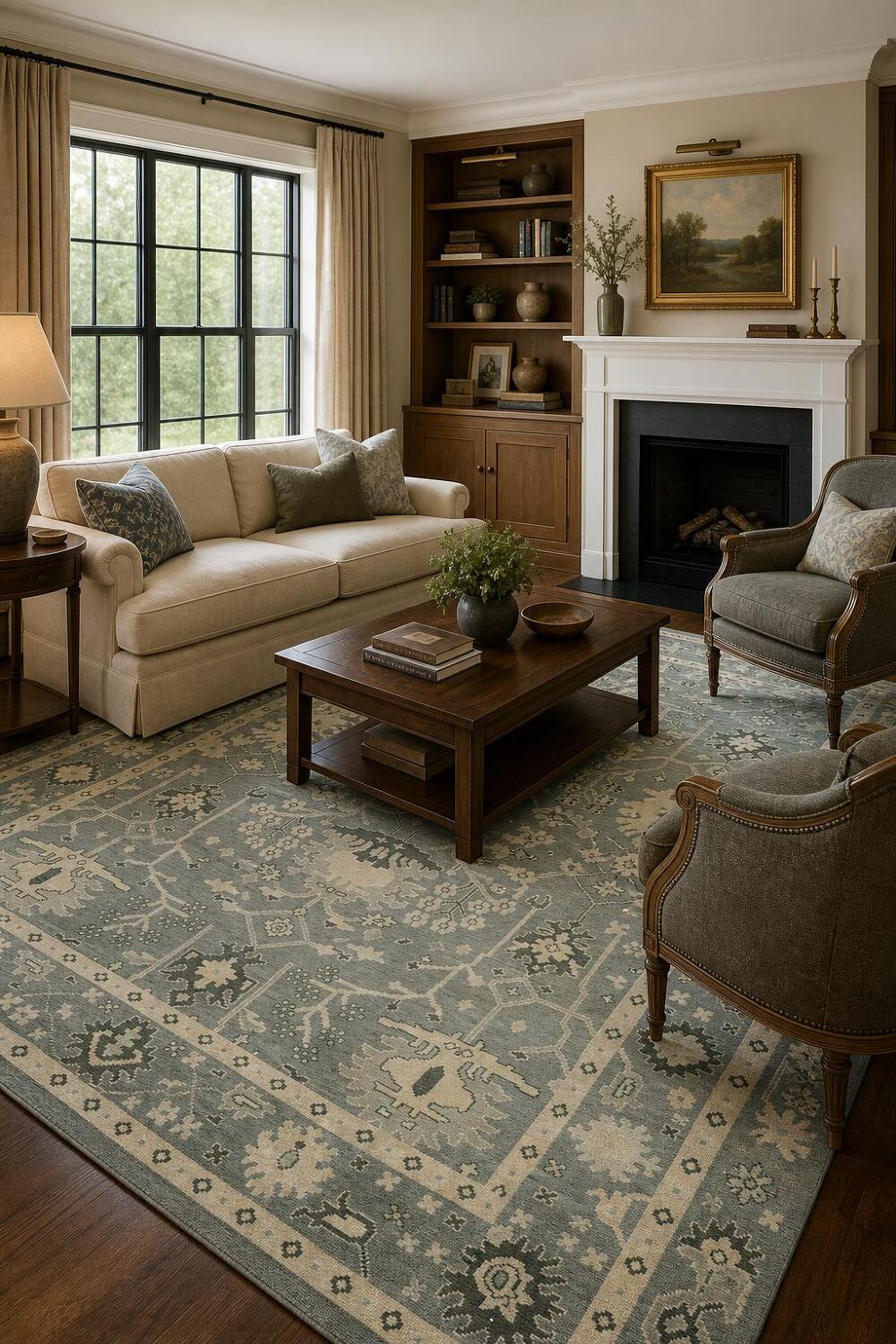 Elegant Blue and Beige Oushak Hand-Knotted Wool Living Room Rug 9'x12'