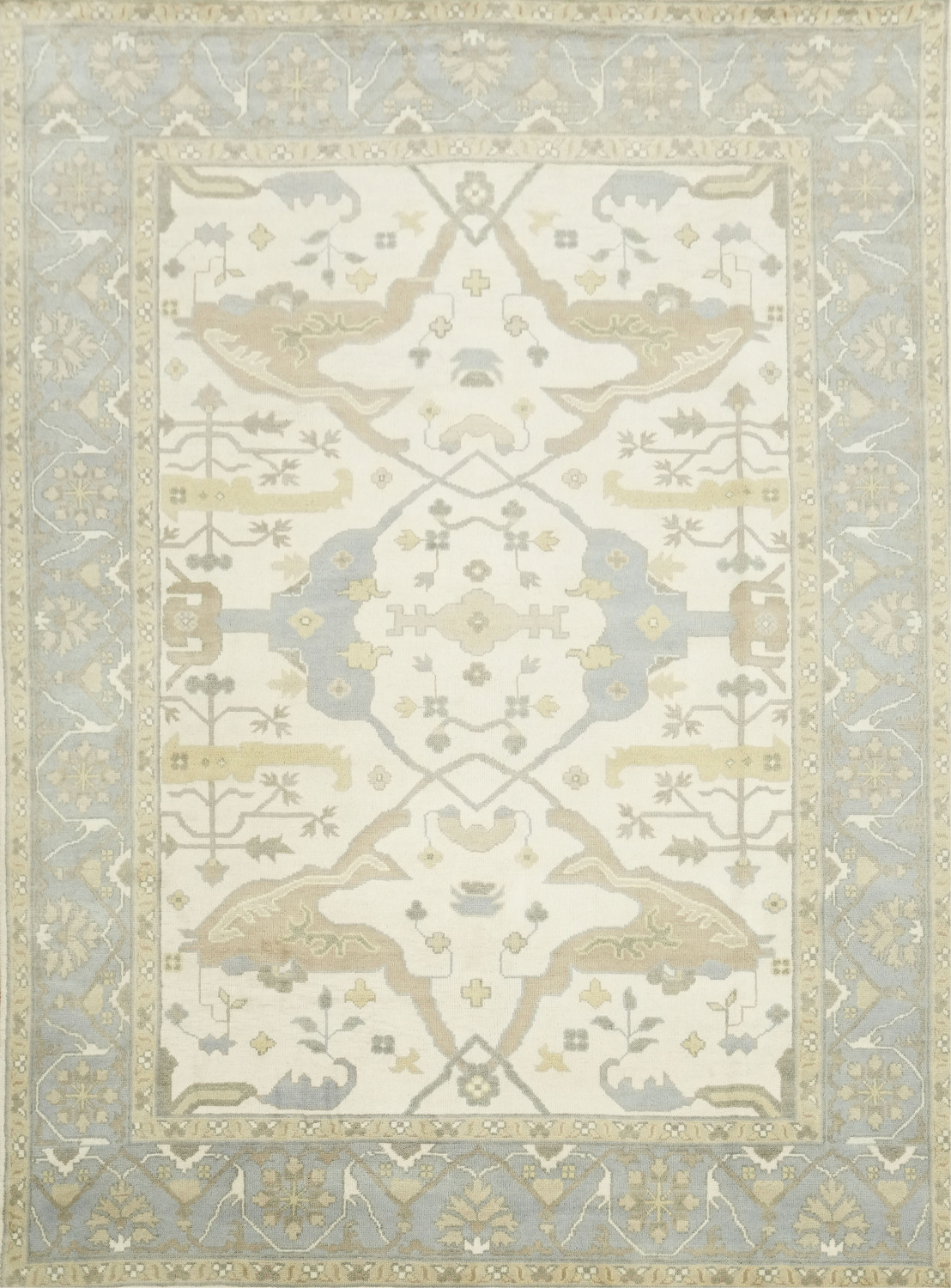 9x12 Hand-Knotted 100% Wool Area Rug - Beige & Light Blue Geometric Oushak