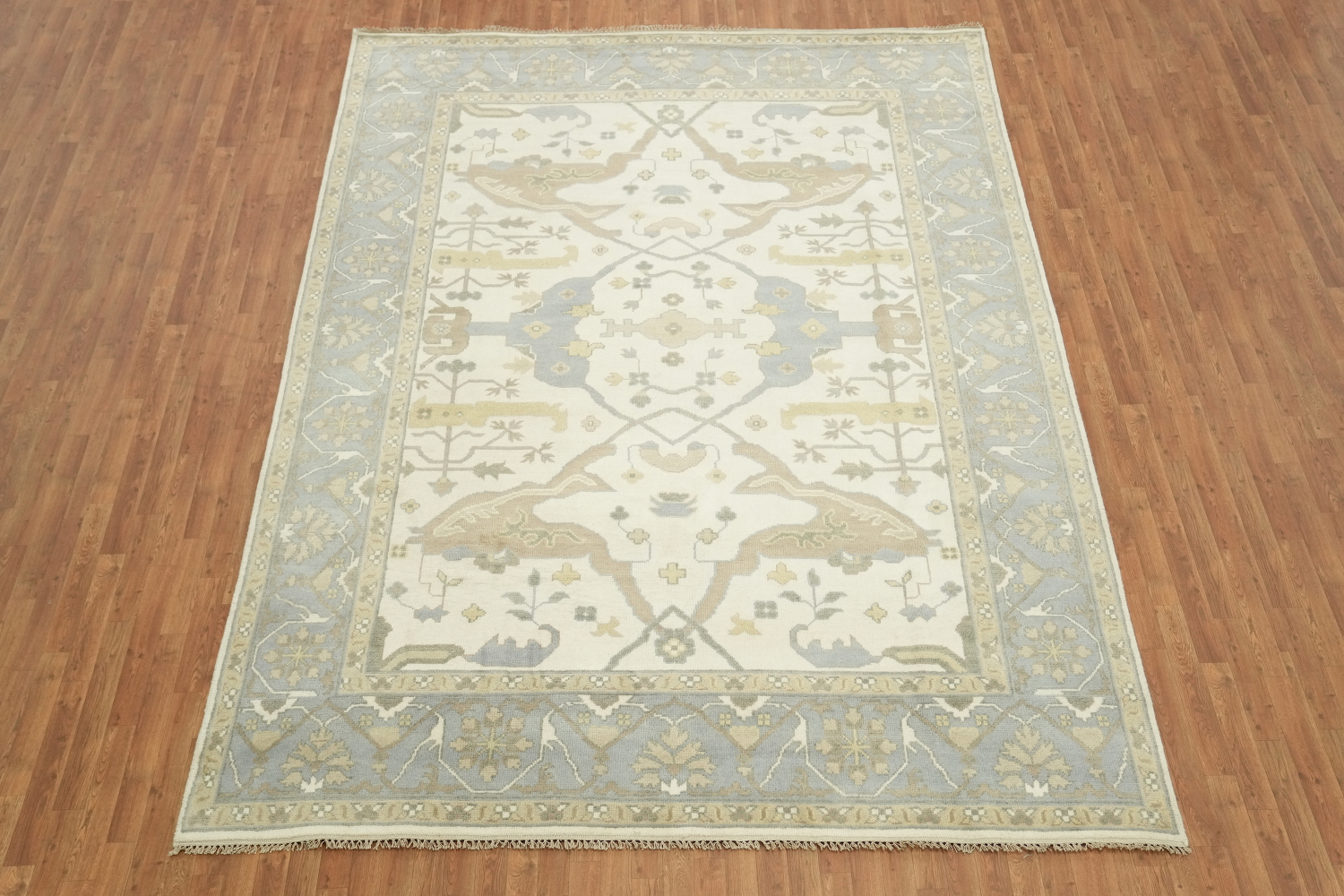 9x12 Hand-Knotted 100% Wool Area Rug - Beige & Light Blue Geometric Oushak