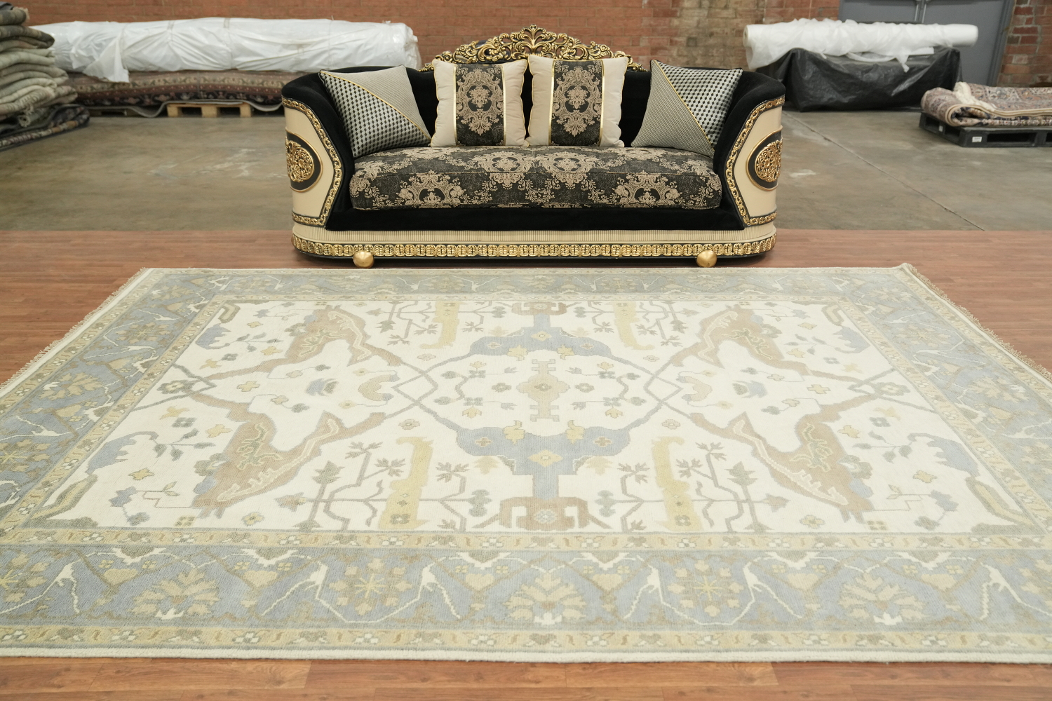 9x12 Hand-Knotted 100% Wool Area Rug - Beige & Light Blue Geometric Oushak