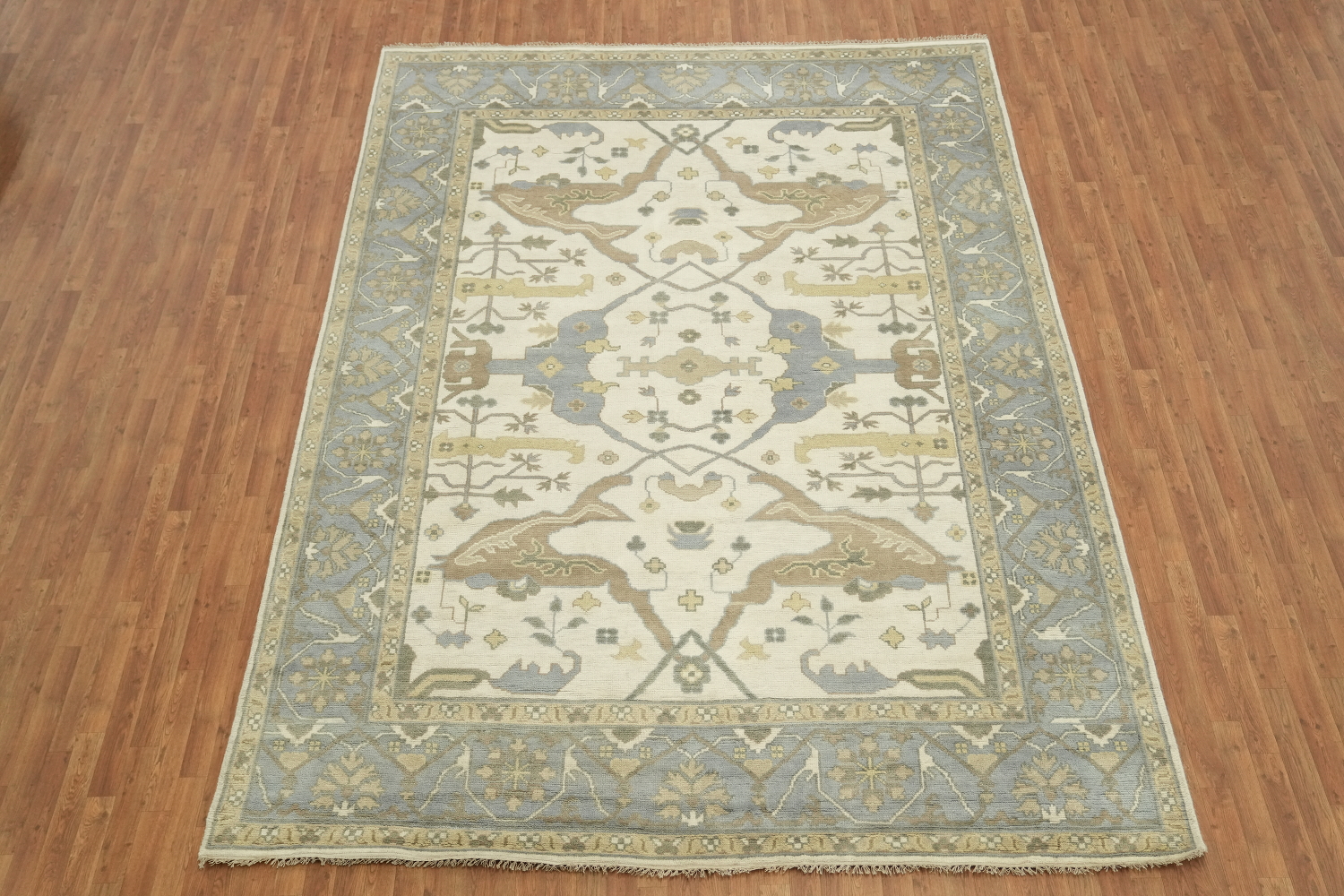 9x12 Hand-Knotted 100% Wool Area Rug - Beige & Light Blue Geometric Oushak