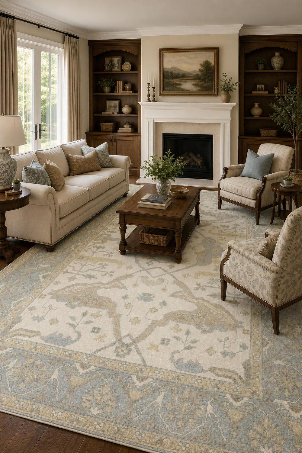 9x12 Hand-Knotted 100% Wool Area Rug - Beige & Light Blue Geometric Oushak