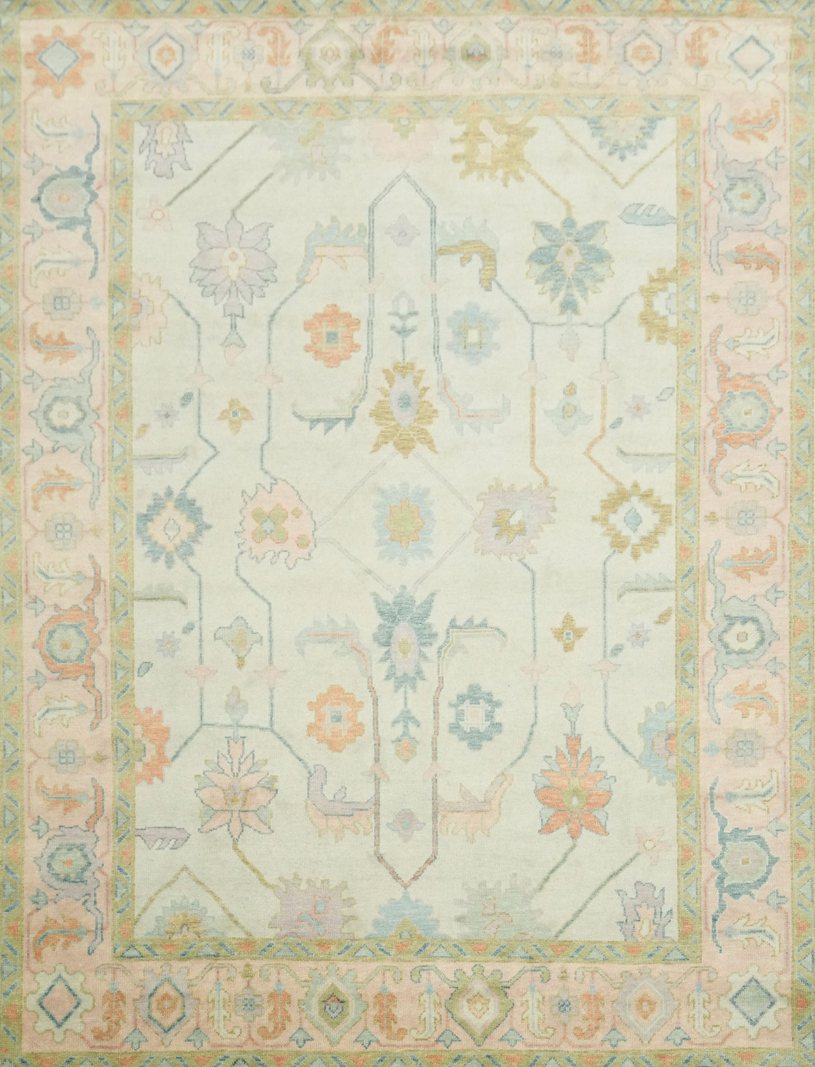 All-Over Floral 9'x12' Oushak Hand-Knotted Pastel Oriental Area Rug