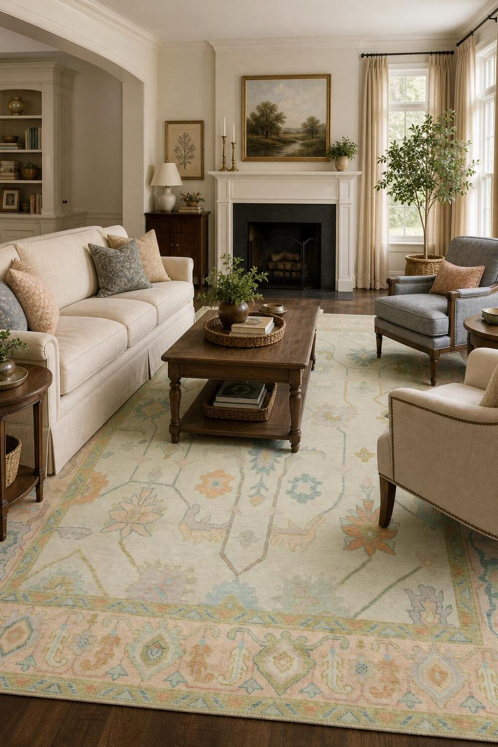 All-Over Floral 9'x12' Oushak Hand-Knotted Pastel Oriental Area Rug