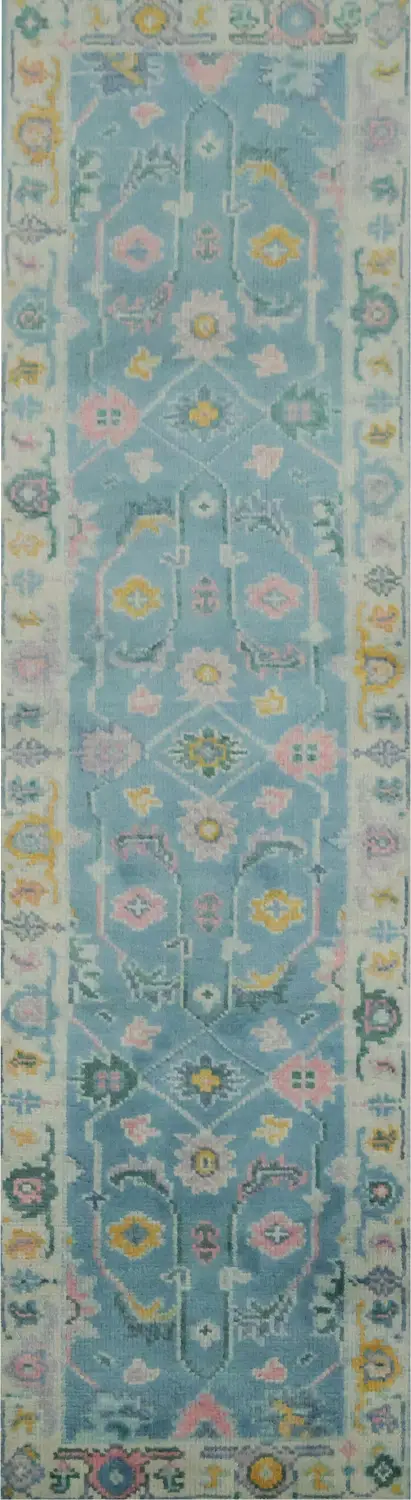 Light Blue and Pink Traditional Oushak Hand-Knotted Wool Runner Rug 7' 11'' X 2' 2''
