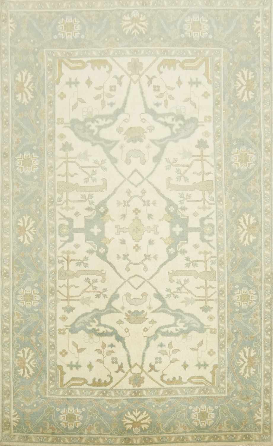 6'x10' Blue and Ivory Patterned Oushak Rug for Cozy Ambience