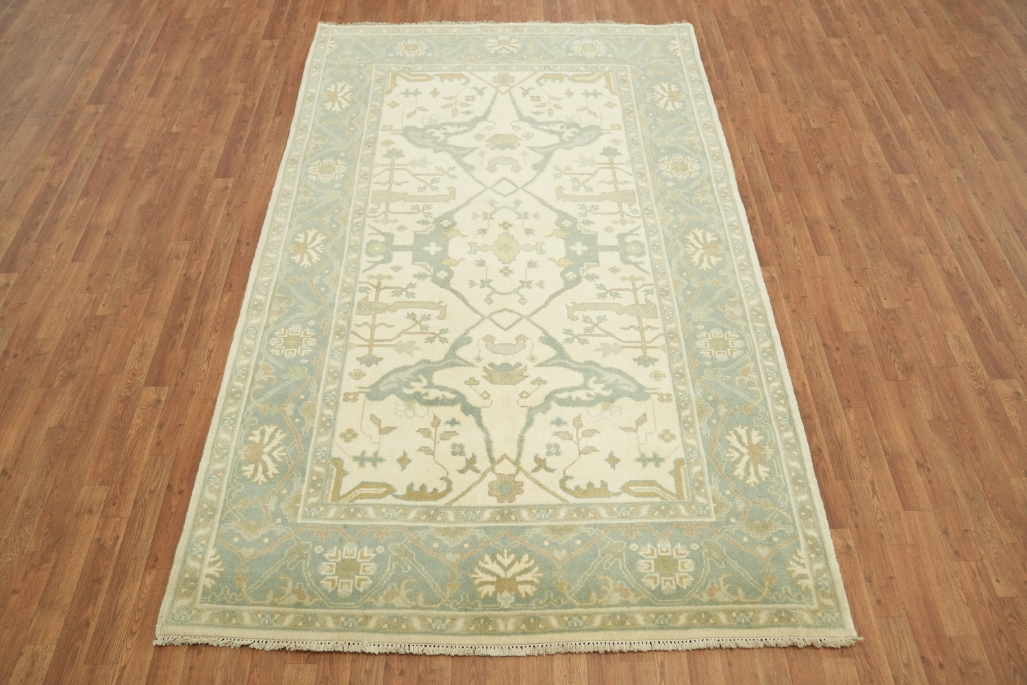 6'x10' Blue and Ivory Patterned Oushak Rug for Cozy Ambience