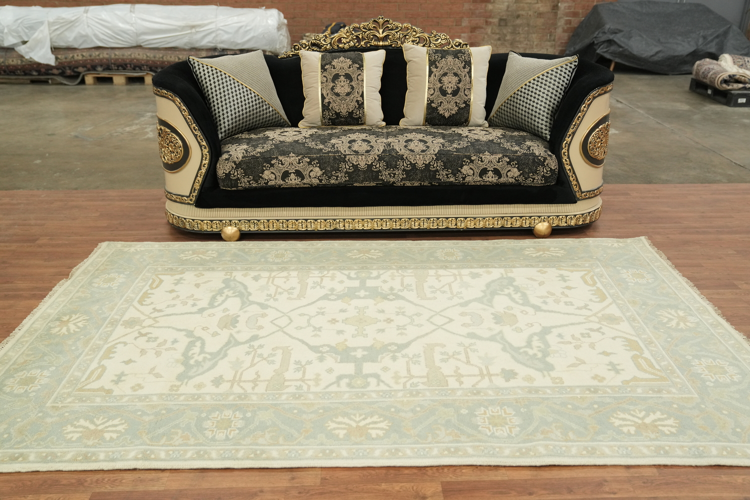 6'x10' Blue and Ivory Patterned Oushak Rug for Cozy Ambience