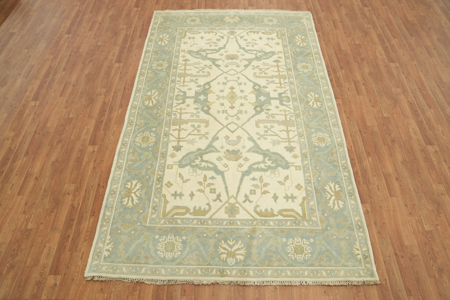 6'x10' Blue and Ivory Patterned Oushak Rug for Cozy Ambience
