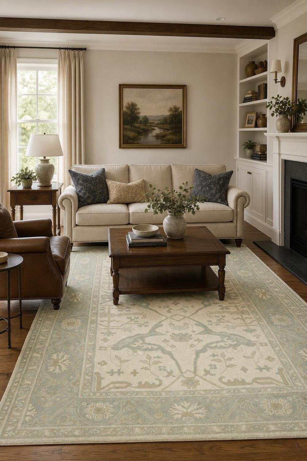 6'x10' Blue and Ivory Patterned Oushak Rug for Cozy Ambience
