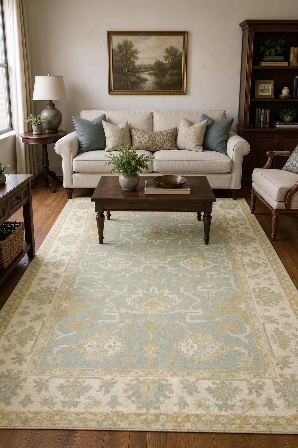 Light Blue and Ivory Traditional Oushak Area Rug 6x9 ft