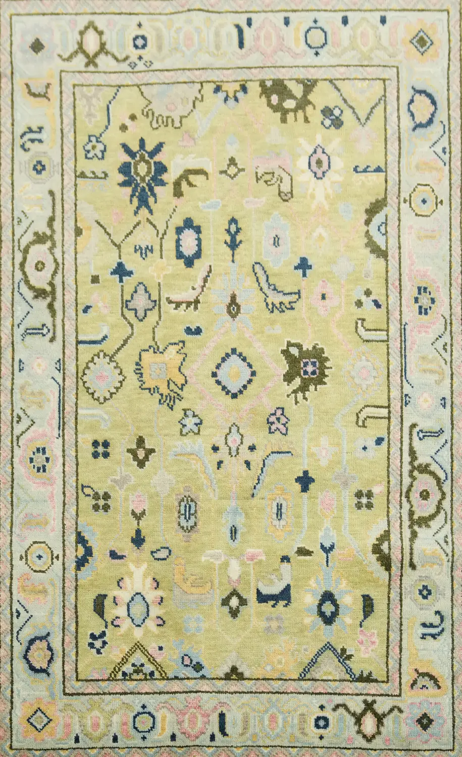 Sage Green All-Over Oushak Hand-Knotted Wool Area Rug 5'x8'