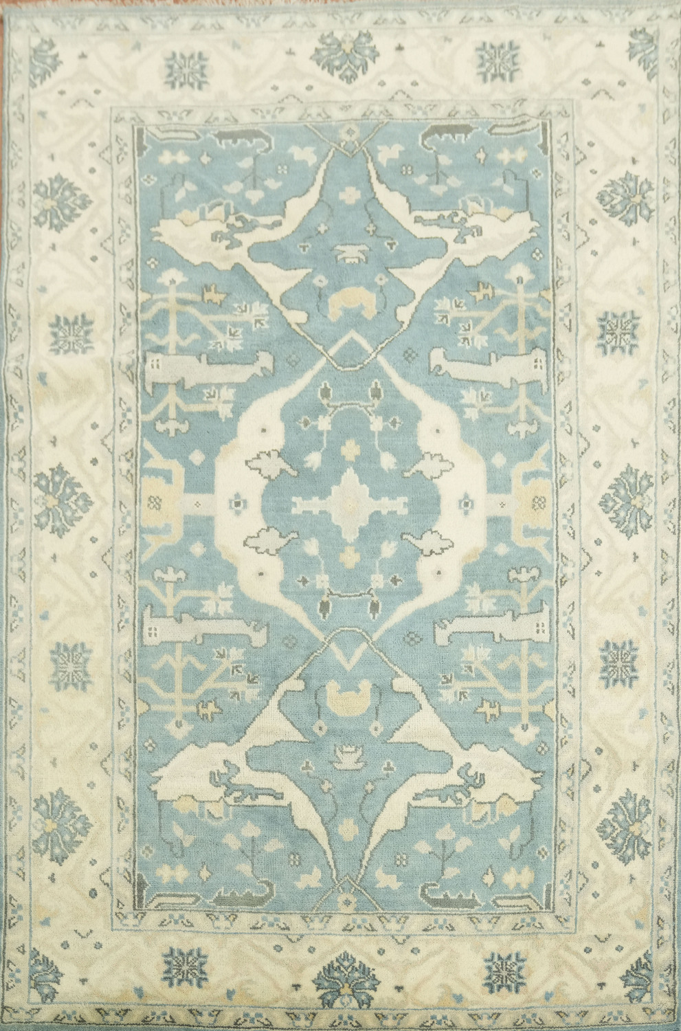6'x9' Antique-Inspired Sky Blue Oushak Oriental Area Rug in Muted Tones