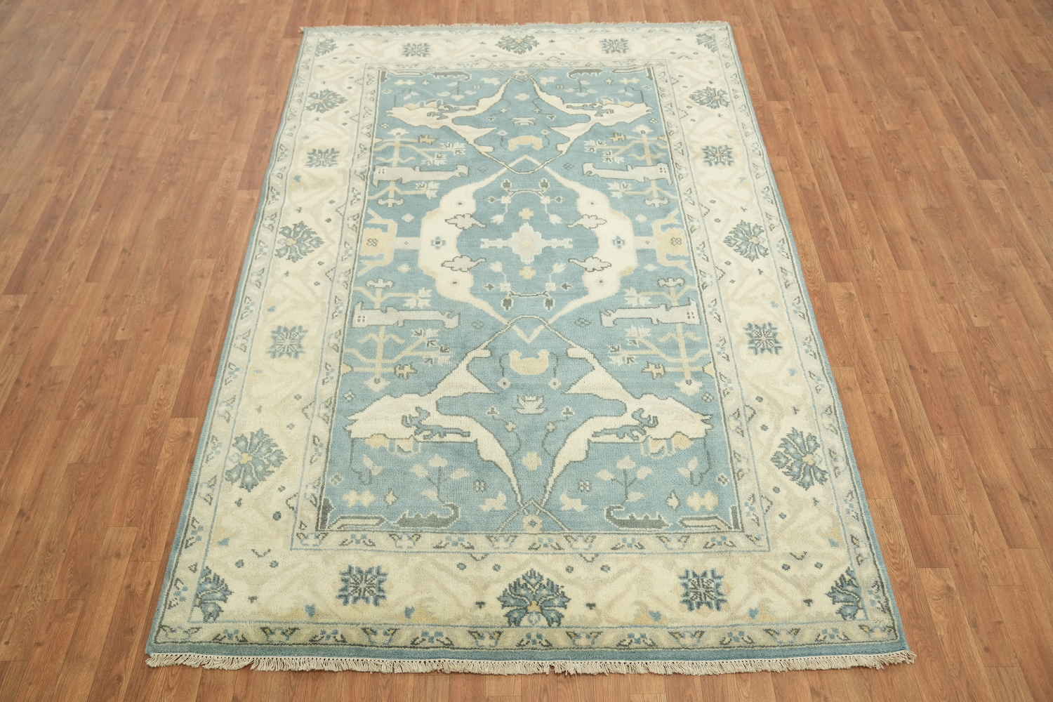 6'x9' Antique-Inspired Sky Blue Oushak Oriental Area Rug in Muted Tones