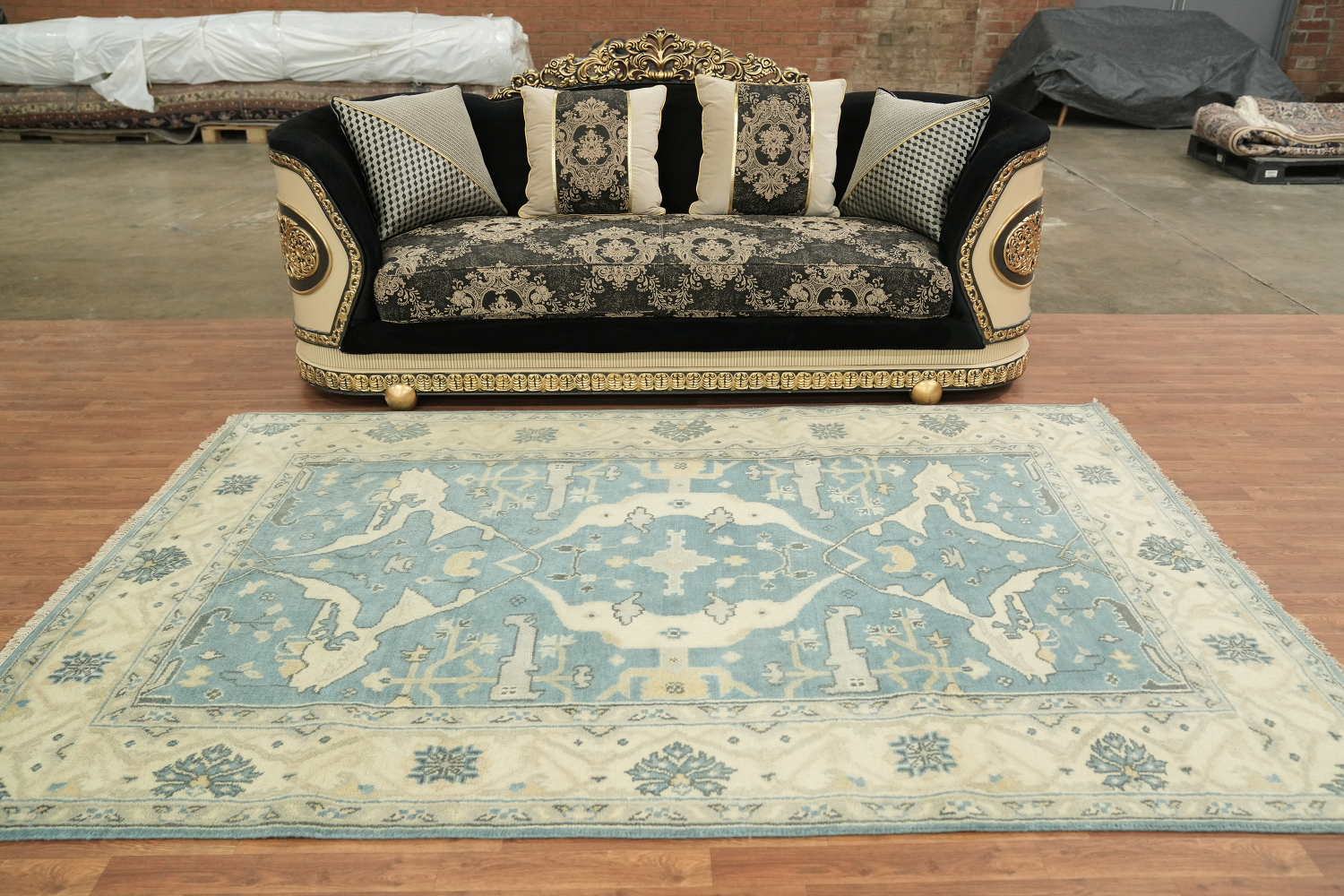 6'x9' Antique-Inspired Sky Blue Oushak Oriental Area Rug in Muted Tones