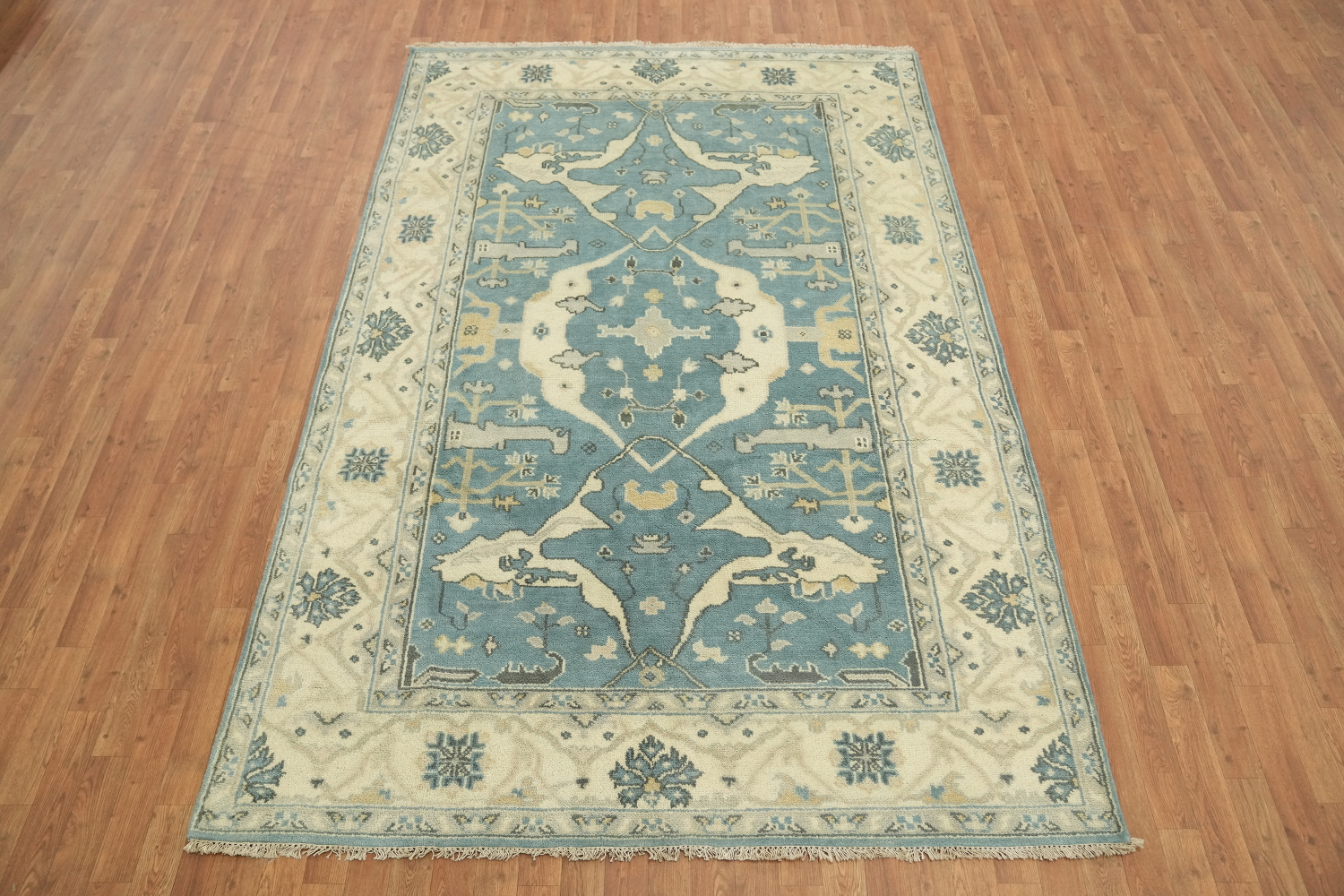 6'x9' Antique-Inspired Sky Blue Oushak Oriental Area Rug in Muted Tones