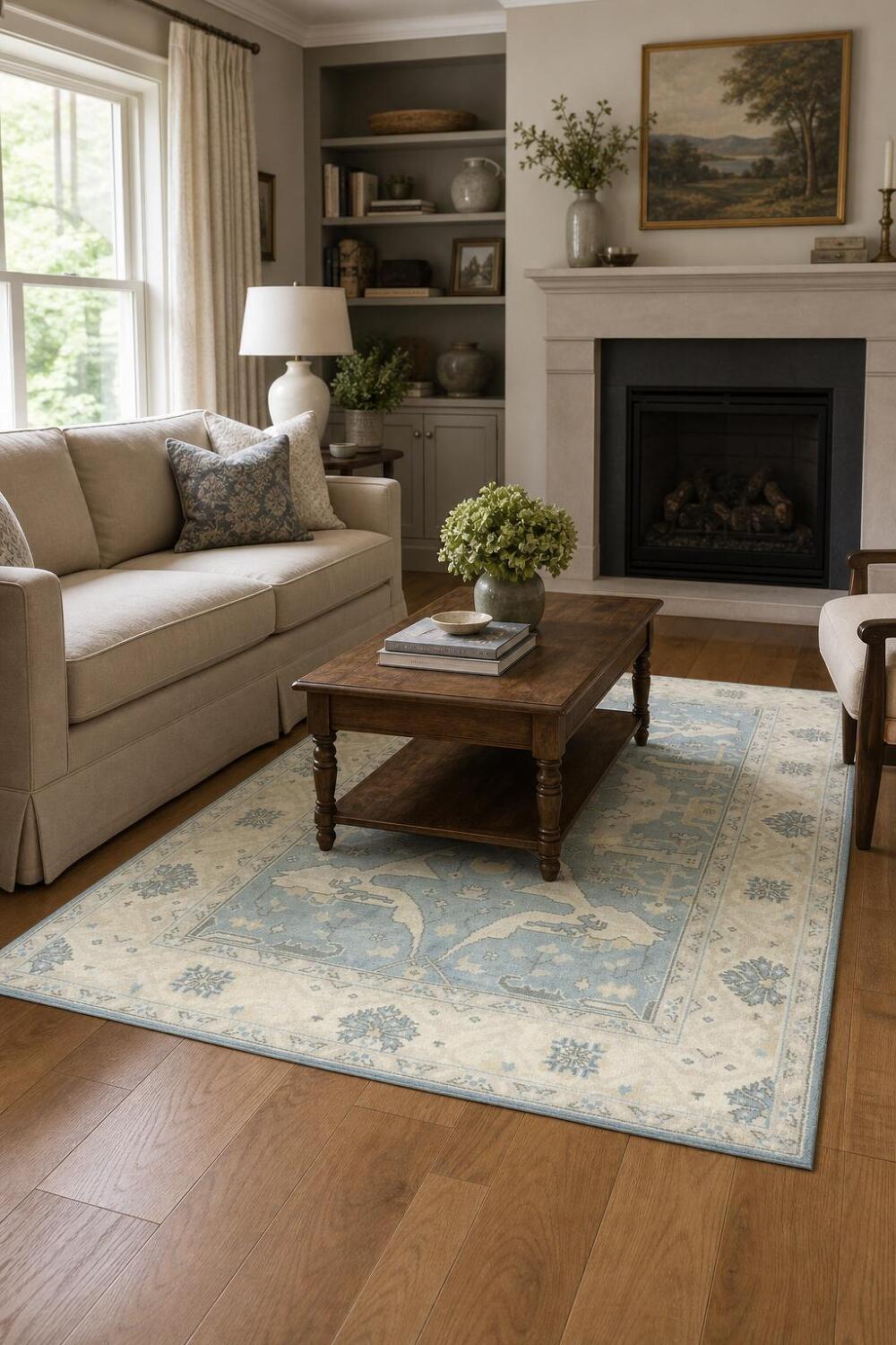 6'x9' Antique-Inspired Sky Blue Oushak Oriental Area Rug in Muted Tones
