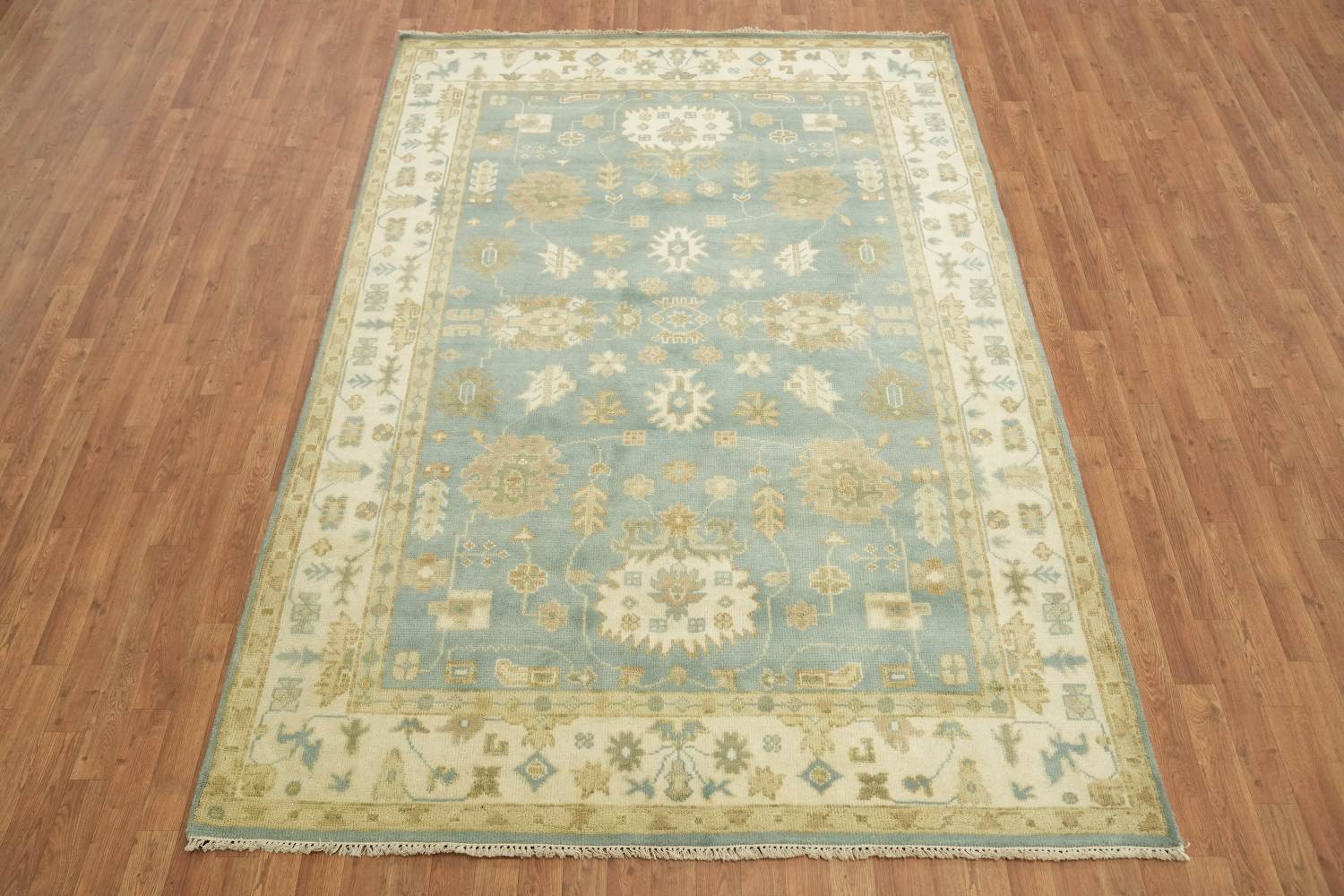 Light Blue and Ivory Traditional Oushak Hand Made Area Rug 6x9