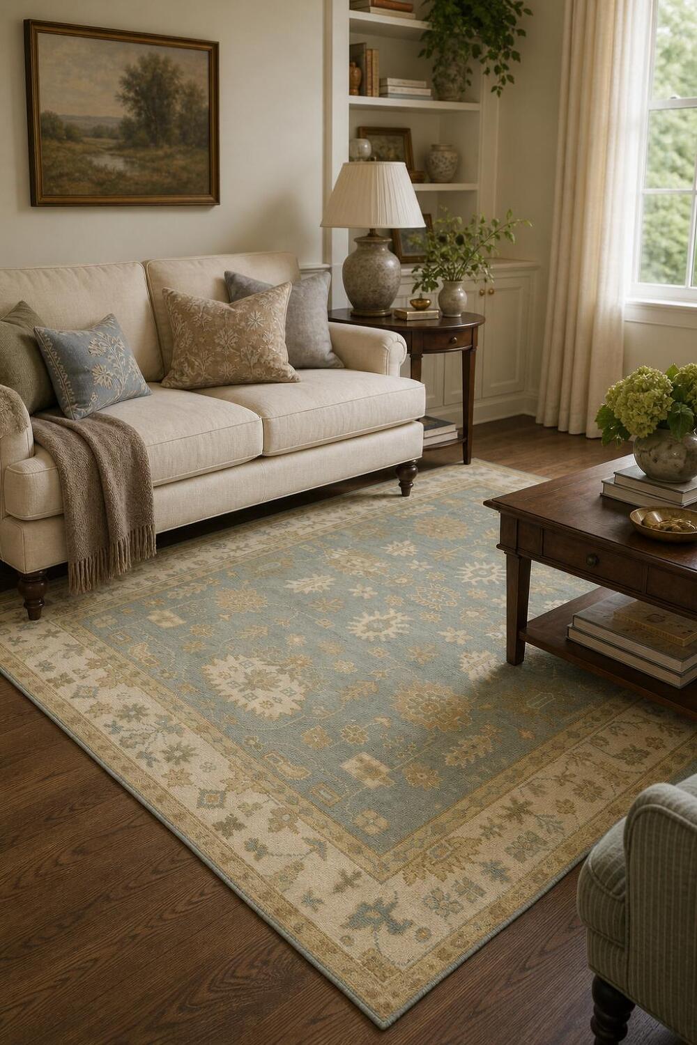 Light Blue and Ivory Traditional Oushak Hand Made Area Rug 6x9
