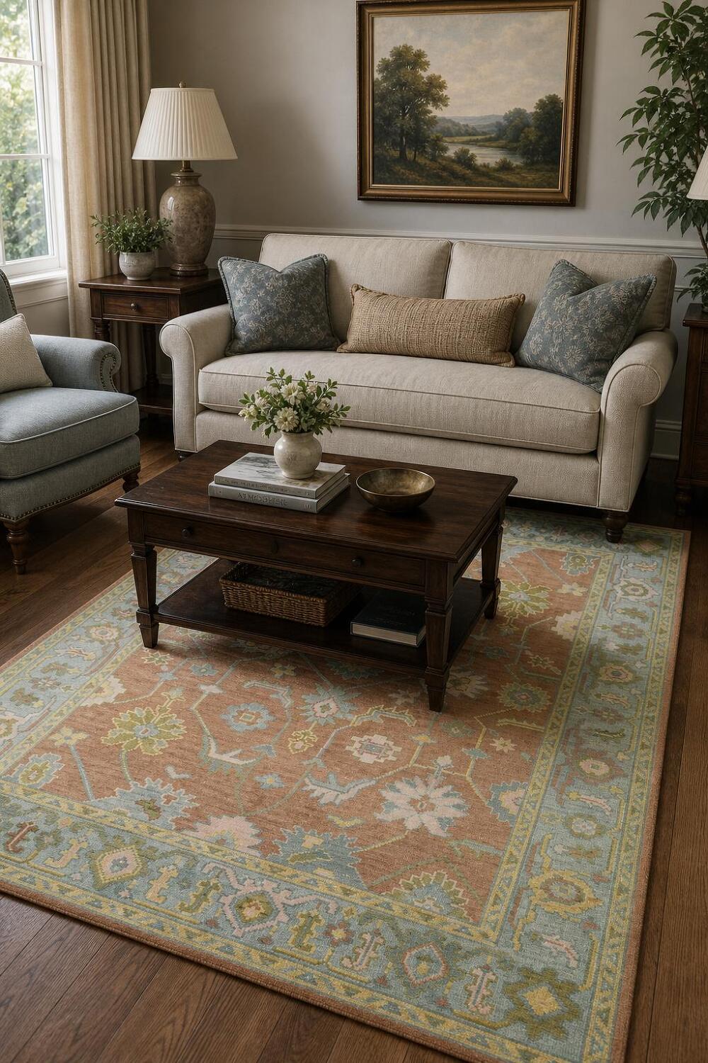 6'x9' Oushak Traditional Wool Area Rug with Soft Rust and Blue Accents