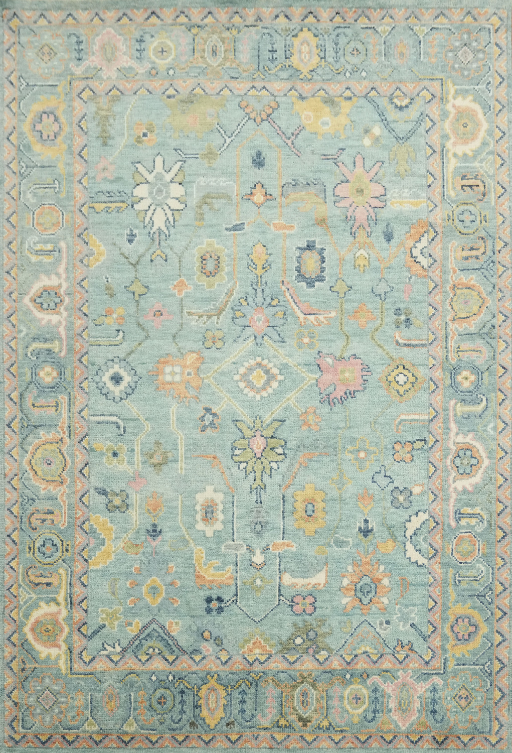 Luxurious 6'x9' Hand-Knotted Oushak Area Rug with Soft Floral Design in Blue