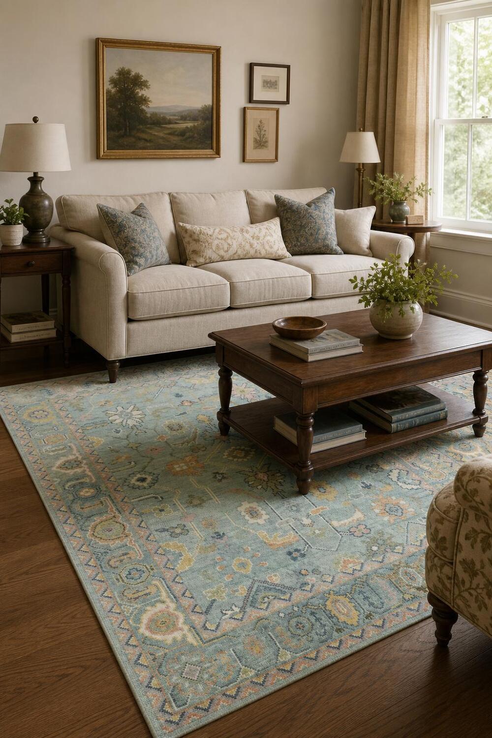 Luxurious 6'x9' Hand-Knotted Oushak Area Rug with Soft Floral Design in Blue