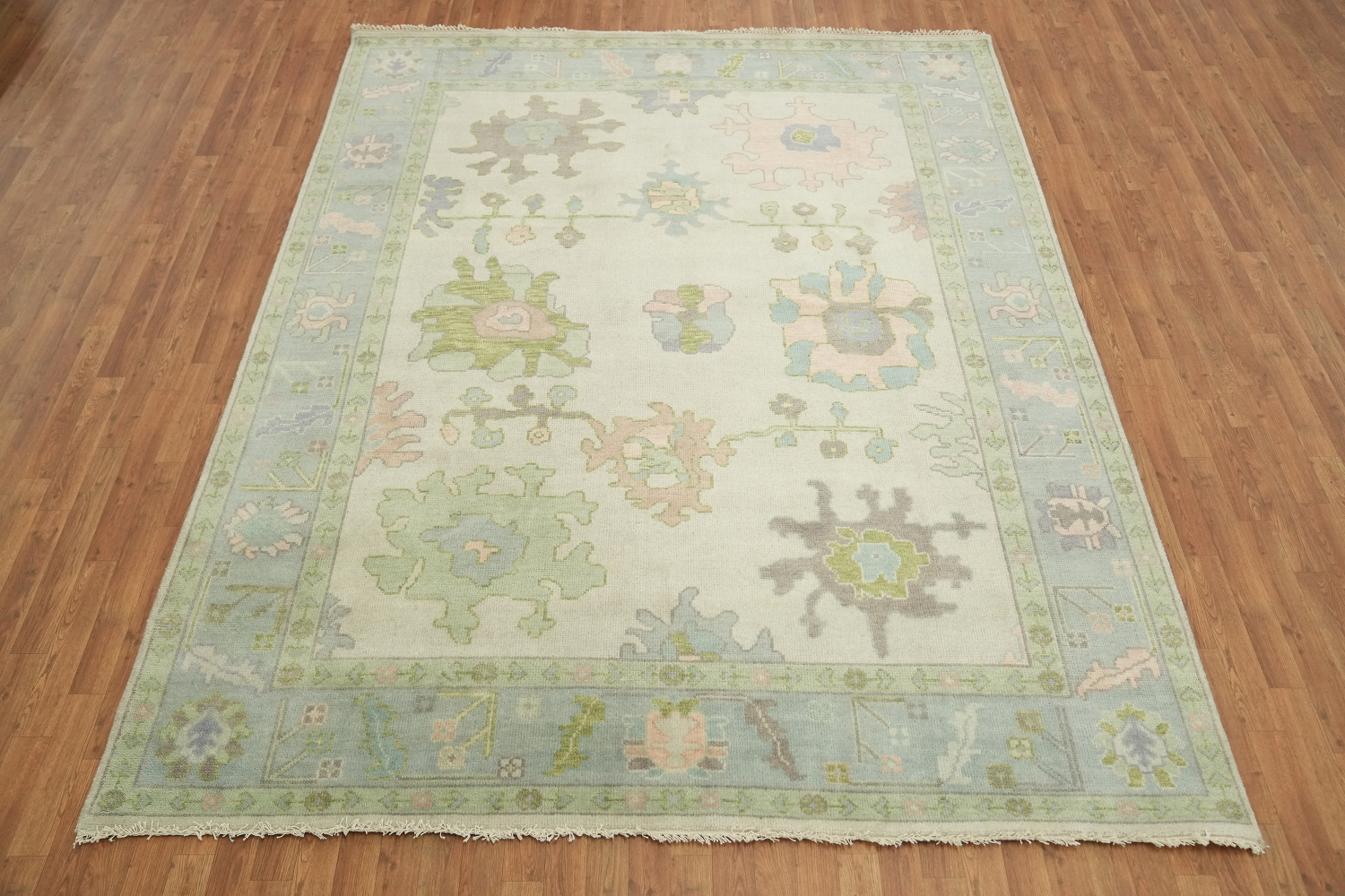 8'x10' Vintage-Inspired Mint Green Oushak Rug with Subtle Pastel Patterns