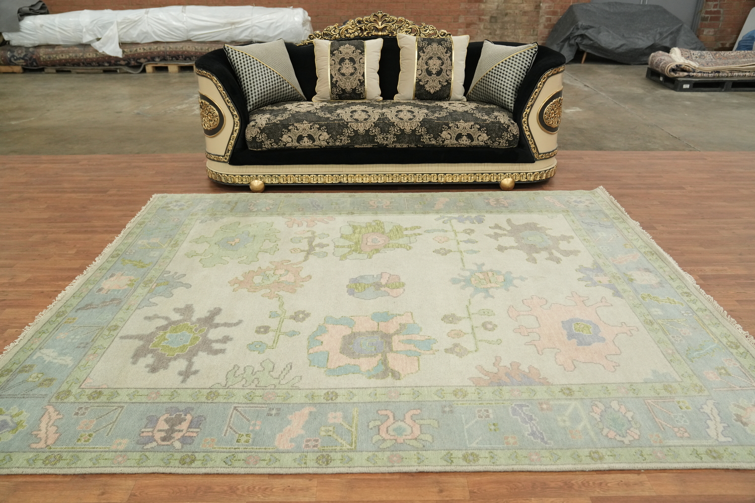 8'x10' Vintage-Inspired Mint Green Oushak Rug with Subtle Pastel Patterns