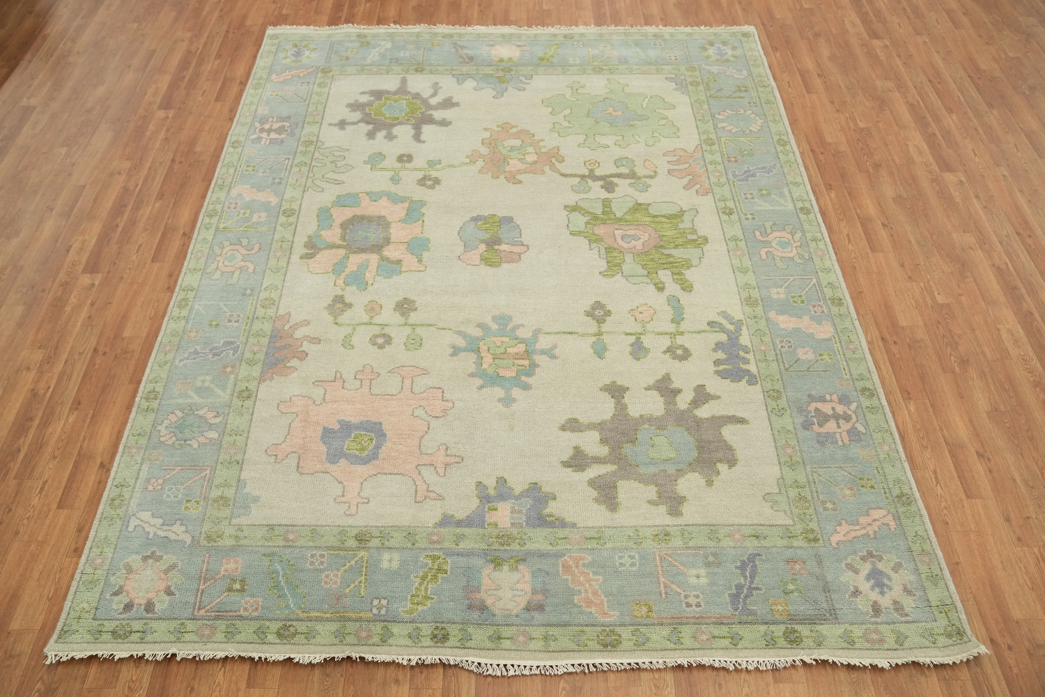 8'x10' Vintage-Inspired Mint Green Oushak Rug with Subtle Pastel Patterns