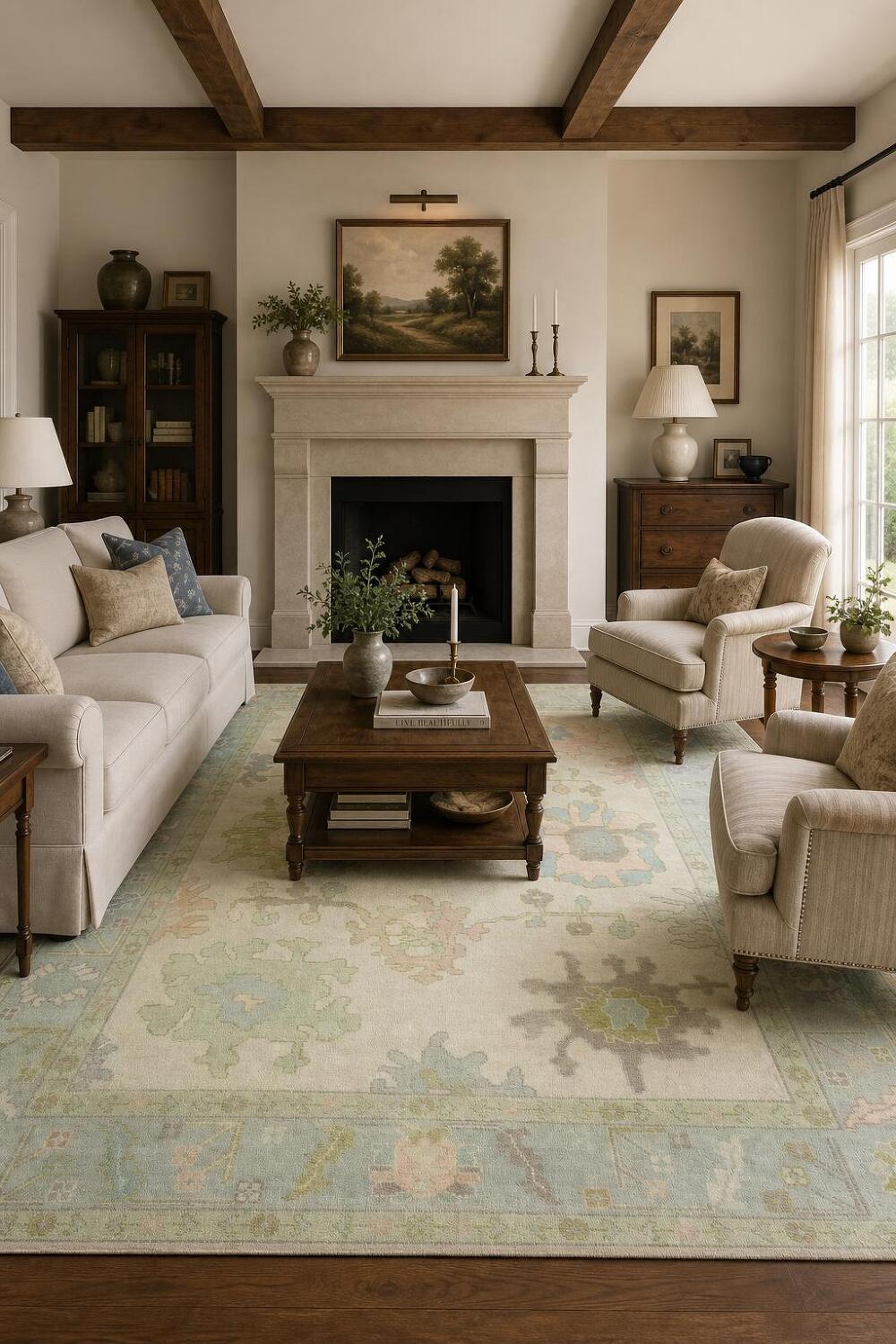 8'x10' Vintage-Inspired Mint Green Oushak Rug with Subtle Pastel Patterns