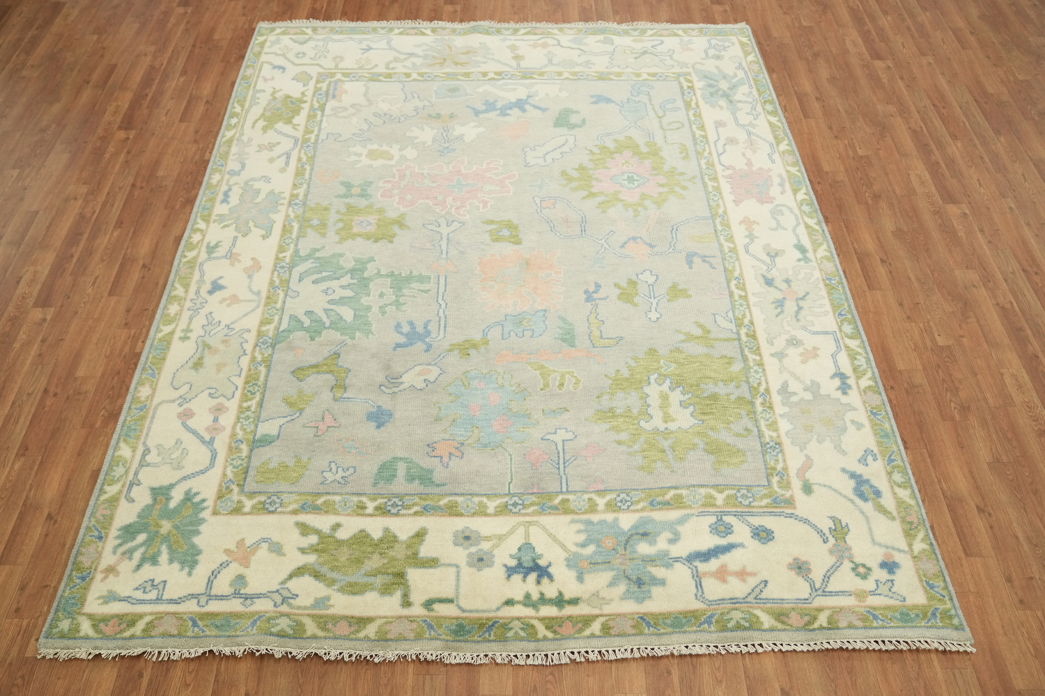 Pastel-Colored Grey Oushak Hand-Knotted Living Room Wool Rug 8'x10'