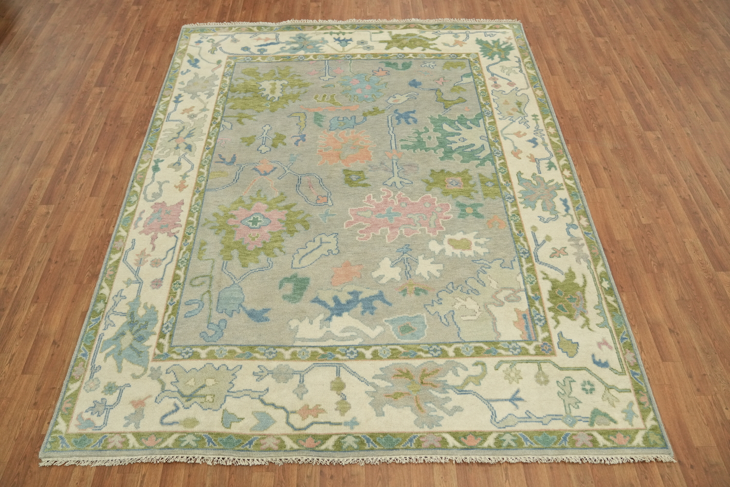 Pastel-Colored Grey Oushak Hand-Knotted Living Room Wool Rug 8'x10'