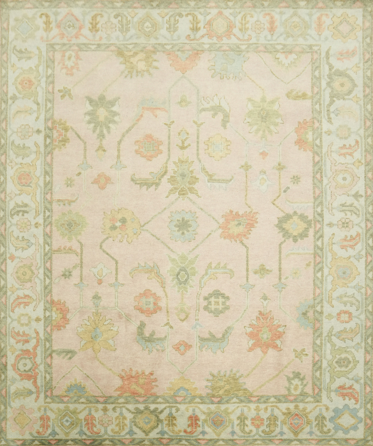 8'x10' Pink and Blue Pastel Tones: Hand-Knotted Rug with Floral Motifs