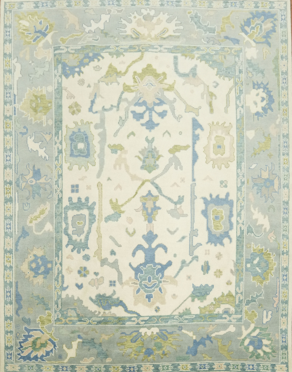 8x10 White and Aqua Blue Traditional Oushak Hand-Knotted Wool Area Rug 8x10