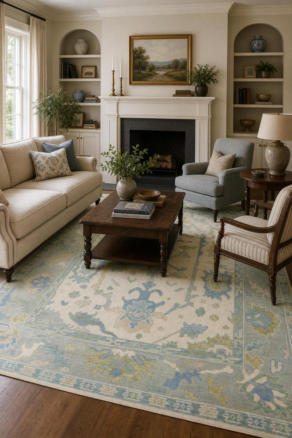 8x10 White and Aqua Blue Traditional Oushak Hand-Knotted Wool Area Rug 8x10