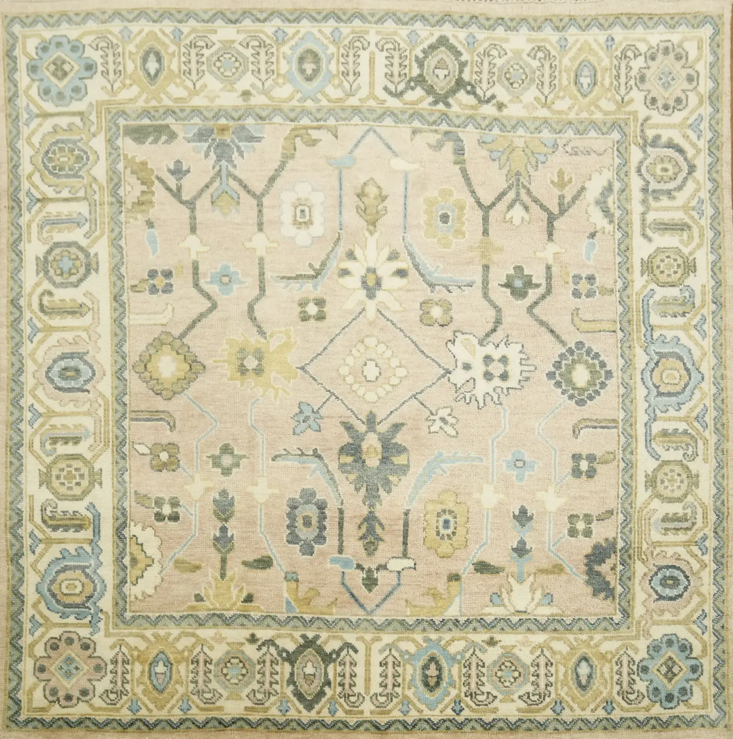 8'x8' Square Pale Pink Traditional Oushak Hand-Knotted Wool Rug