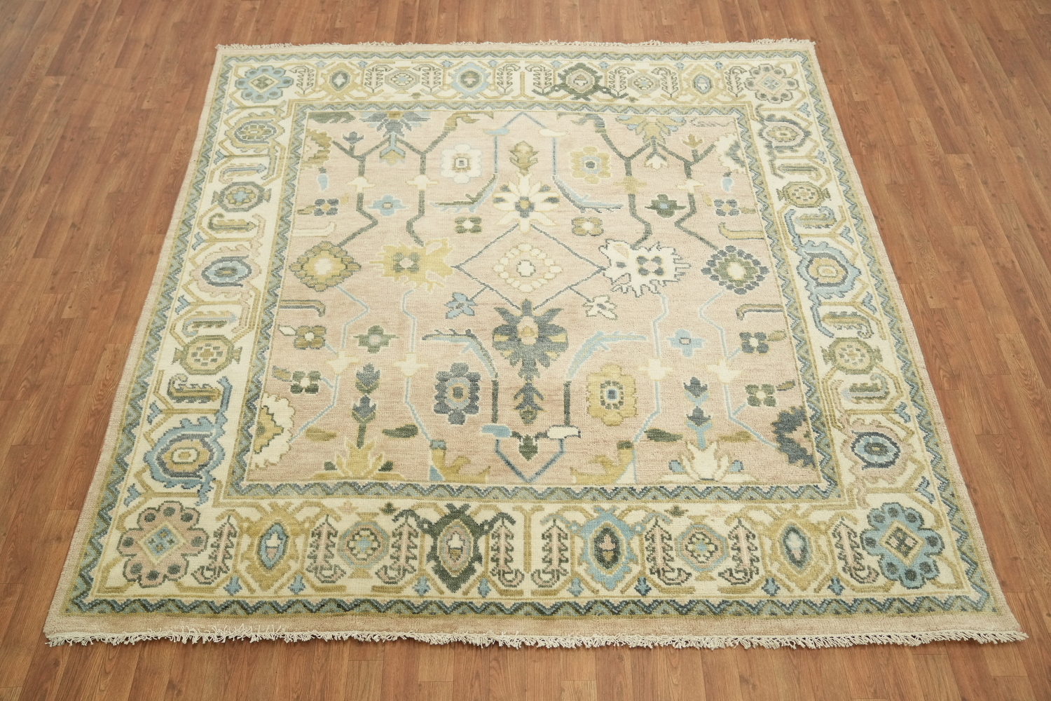 8'x8' Square Pale Pink Traditional Oushak Hand-Knotted Wool Rug